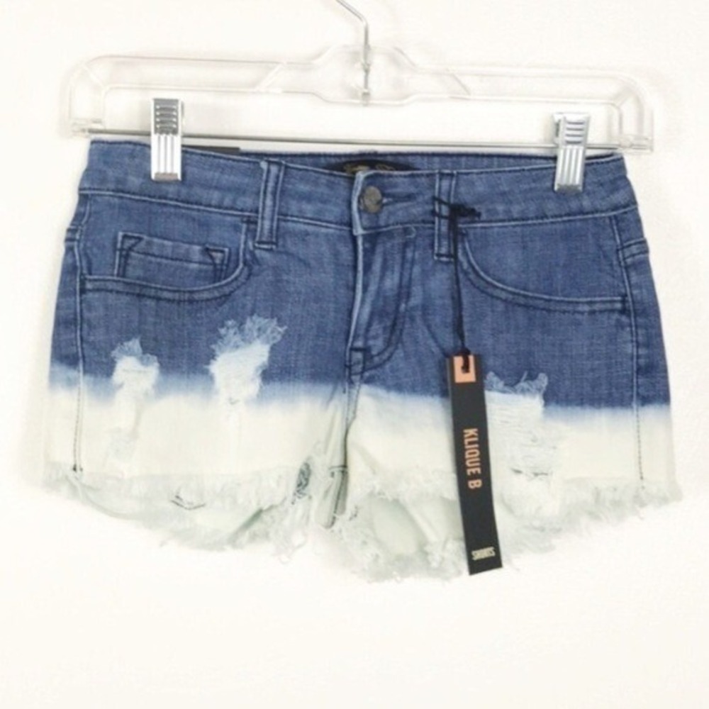 Klique B Shorts Women XS Blue White Bleach Dipped Destroyed Inseam 2" 8254 New‎